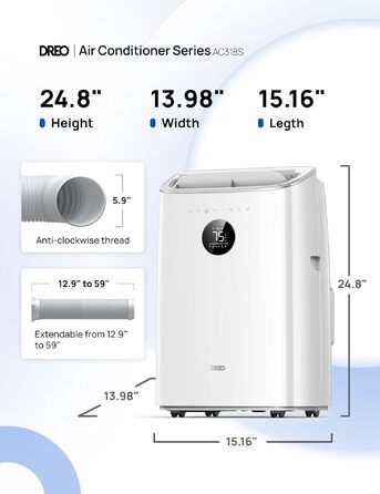 Мобільний кондиціонер DREO AC319S 8000 BTU (3-в-1: охолодження, вентиляція, осушення) з керуванням через додаток, голосове керування, без дренажу, комплект для вікна, білий