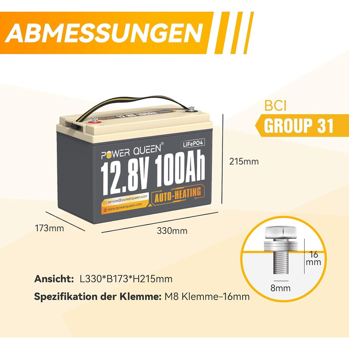 LiFePO4 акумулятор Power Queen 12V 100Ah з підігрівом для кемперів та будинків на колесах (12V100Ah-HEAT)