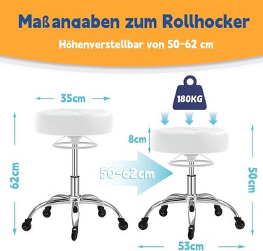 Роликовий стілець Rollhocker з регулюванням висоти та білим сидінням - до 180 кг, для салонів, спа та дому