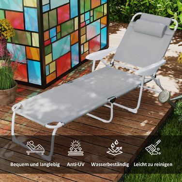Outsunny Sun Lounger Складний садовий шезлонг з подушкою, шезлонг з регульованою спинкою в 4 напрямках, стійкий до погодних умов шезлонг для кемпінгу, садове крісло навантаження до 120 кг, для саду на відкритому пляжі світло-сірий