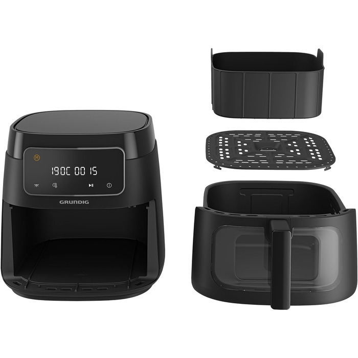 Аерофритюрниця Grundig FRY 7320, 7.6 л, 1750 Вт, сенсорне управління, антипригарне покриття, велике оглядове вікно, налаштування температури та часу, чорна, кошик для посудомийної машини