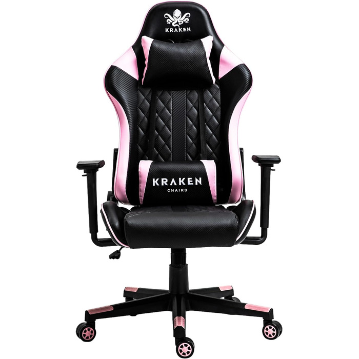 KRAKEN Gaming крісло для геймерів, ергономічне комп'ютерне крісло з 3D підлокітниками, регульоване, з підголівником і поперековою подушкою, штучна шкіра, чорне-рожеве