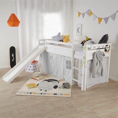 Дитяче ліжко-горище Homestyle4u 90x200 з гіркою, масивна сосна, біле, з ламелями, ігрове ліжко для підлітків