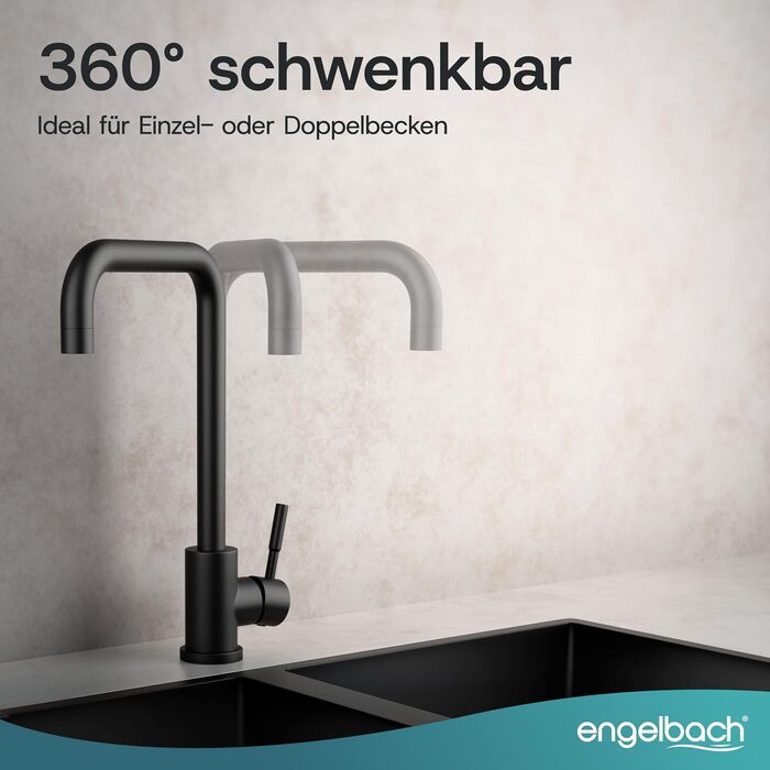 Кухонний змішувач Engelbach з поворотним виливом 360°, нержавіюча сталь 304, чорний