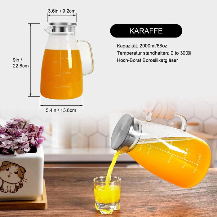 Скляна карафа Aofmee 2 літри з кришкою, для води, соку, айс-ті, 2L