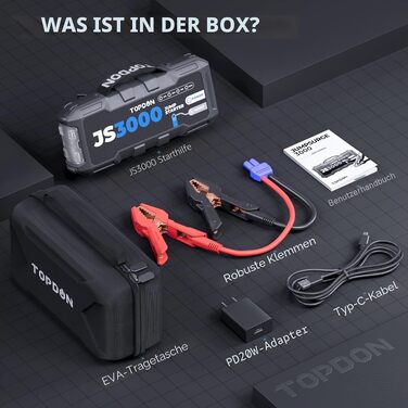 Бустерний пускач TOPDON JS3000-A для автомобіля, 12V 3000A, Powerbank 24000mAh