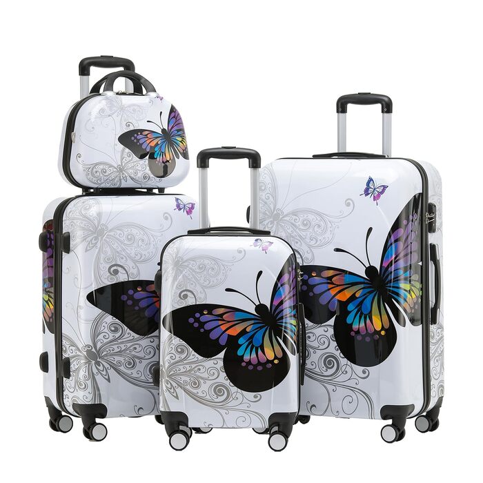 Набір дорожніх валіз BEIBYE Butterfly 2060 з TSA-замком, 4 предмети: XL (75см), L (66см), M (56см) та косметичка (S), міцний пластик