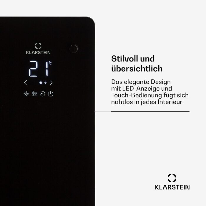 Електричний конвектор Klarstein 2500W — енергоощадний обігрівач з термостатом, керуванням через додаток та можливістю настінного монтажу, чорний