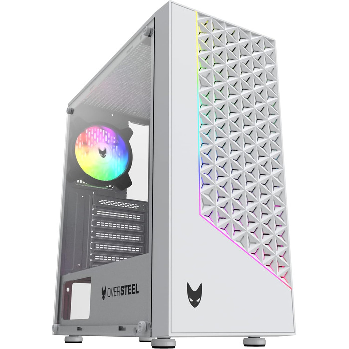 Oversteel Iridium — ігровий корпус для ПК ATX/Micro ATX/ITX, 120 мм A-RGB вентилятор, сітчаста передня панель, 2 пилові фільтри, загартоване скло, USB 3.0, білий