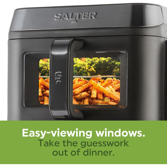 Аерофритюрниця Salter VertiCook View 9L: двокамерний повітряний фритюр з вертикальним дизайном, 12 програм Sync & Match, 4 рівні приготування, без PFAS, чорна