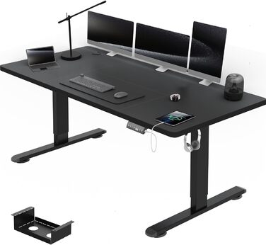 Електричний стіл Airfish 160x80 см, регульований по висоті, з USB-роз'ємом і кабель-органайзером, комп'ютерний та офісний стіл, чорний, з нагадуванням про сидячу роботу