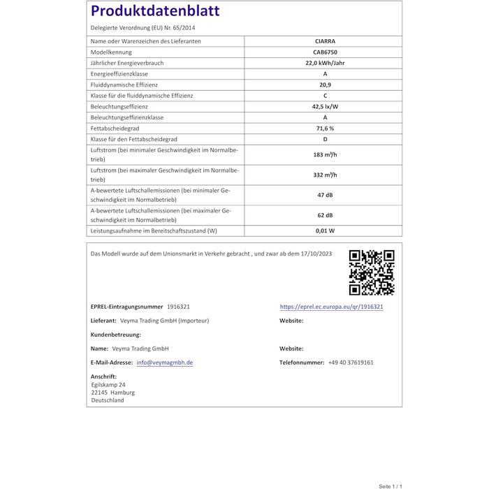 Похила витяжка для кухні CIARRA CBCB6750, 60 см, чорна, продуктивність 350 м³/год, режим рециркуляції та відведення повітря, настінна