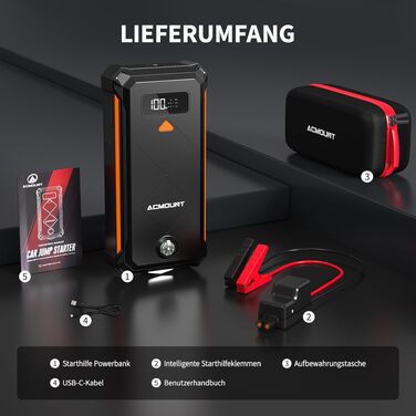 Бустерний пускач Acmount P110 7000A Powerbank для авто (12л бензин/10л дизель) з LED-ліхтарем, компасом та молотком для PKW, SUV, мотоциклів, газонокосарок, помаранчевий