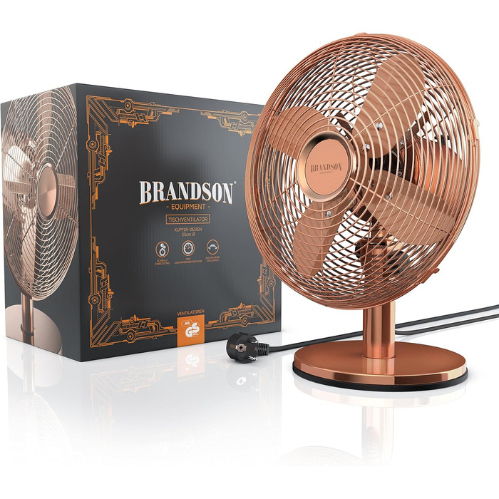 Вентилятор настільний Brandson мідний, 3 швидкості, з осциляцією 80° та нахилом 40°, металевий корпус