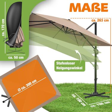 Парасолька від сонця KESSER Sun XL 300x300 см, підвісна модель з поворотом 360°, регулюванням нахилу та захистом від вітру, UV50+, колір тауп