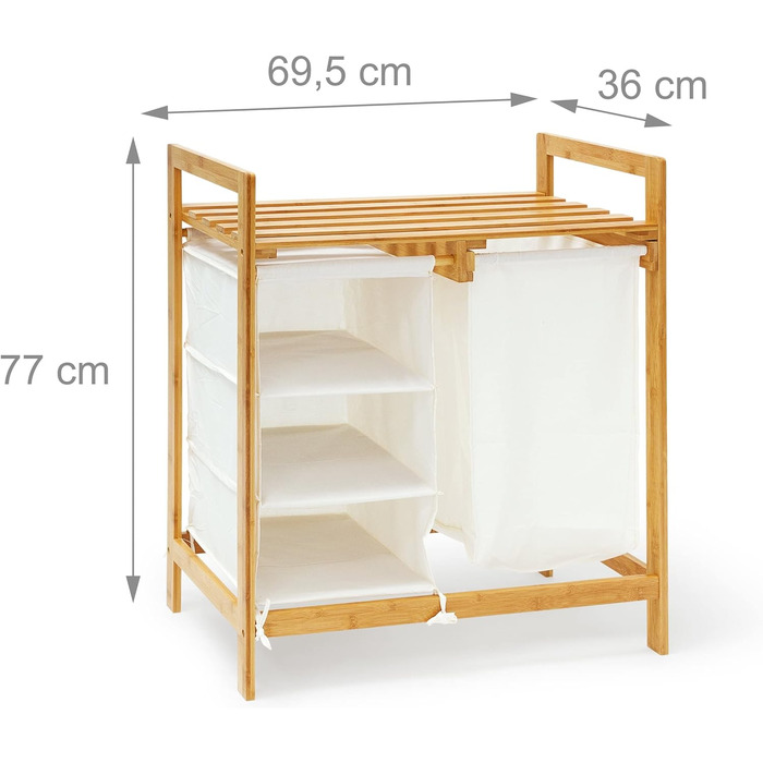 Бамбуковий кошик для білизни Relaxdays Linea, 40 л, 3 відділення, 2 полиці, з мішком із білого текстилю та ручками, натуральний