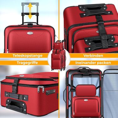 Набір валіз KESSER® 4 шт. | Тріумф валіз з тканини з кодовим замком TSA, 360° колесами та телескопічною ручкою | Косметичка, ручна поклажа, великі валізи для подорожей та бізнесу (Червоний)