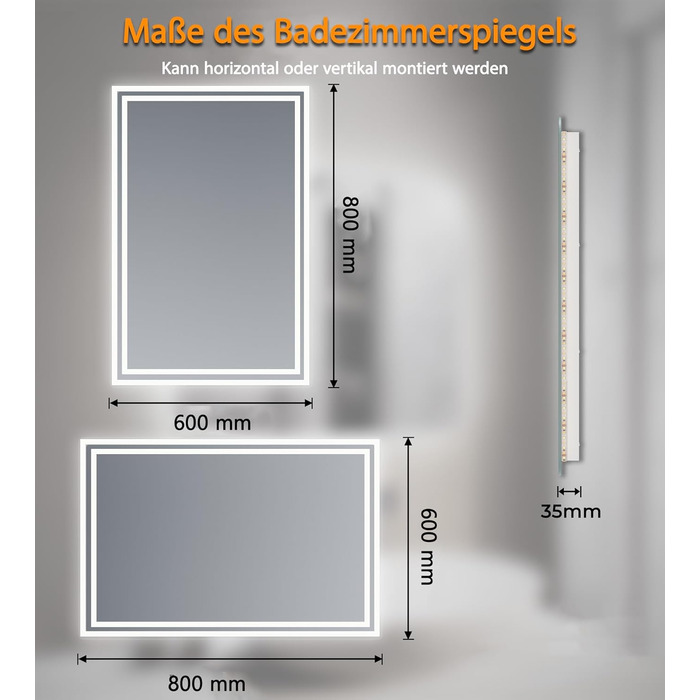 Дзеркало для ванної кімнати зі підсвічуванням SVNR, 70x50 см, LED, з куточним збільшувальним дзеркалом, сенсорне керування, антизапар, 3 колірні температури