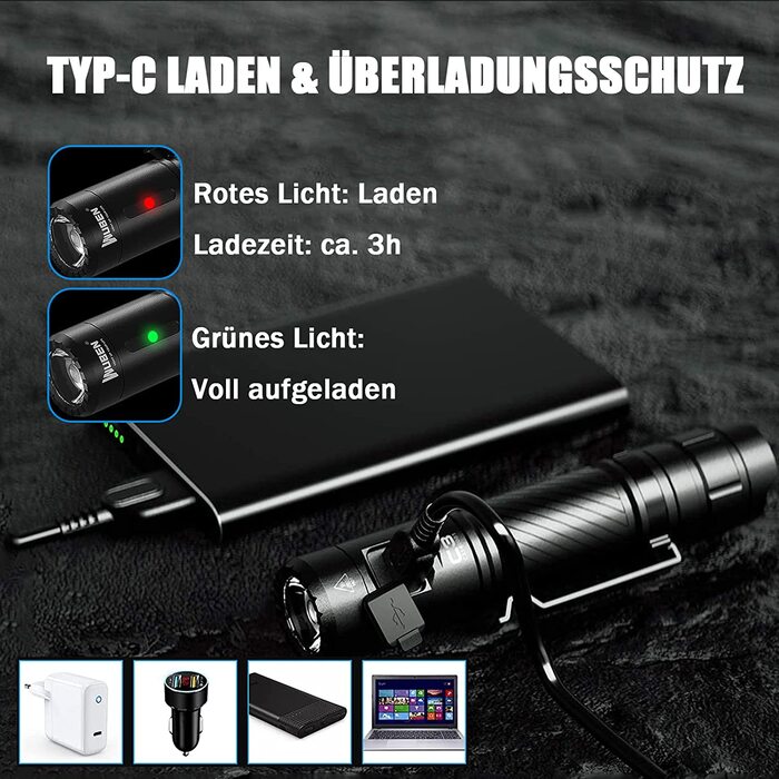 Ліхтарик WUBEN C3 LED, надяскравий, USB-C, 1200 люмен, IP68, 6 режимів, тактичний, компактний, водонепроникний, для кемпінгу, туризму, надзвичайних ситуацій, чорний