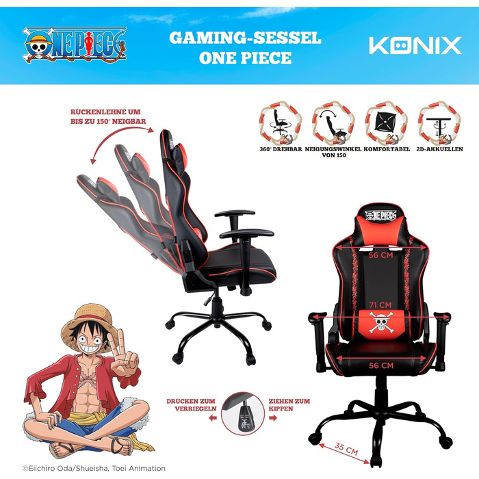 Ігрове крісло Konix One Piece, PU-шкіра, 150° нахил, регульовані підголівник і подушка для попереку, чорний з червоним