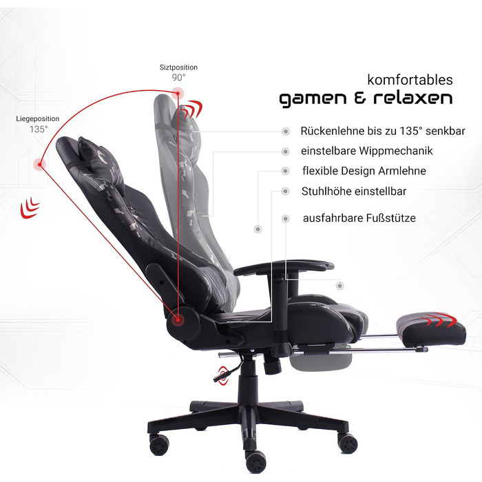 Ігрове крісло Gaming Chair з підніжкою, ергономічними 4D-підлокітниками та регульованою підтримкою спини, офісне крісло для геймерів (Чорний/Мілітарі-сірий)