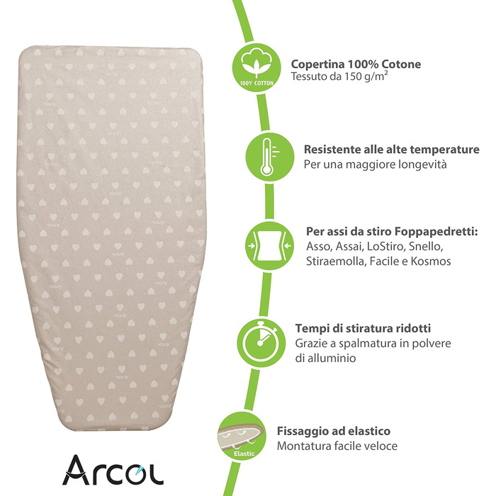 Запасний чохол ARCOL з гумкою для прасувальної дошки Foppapedretti, 100% бавовна, вироблено в Італії, бежевий з білими серцями