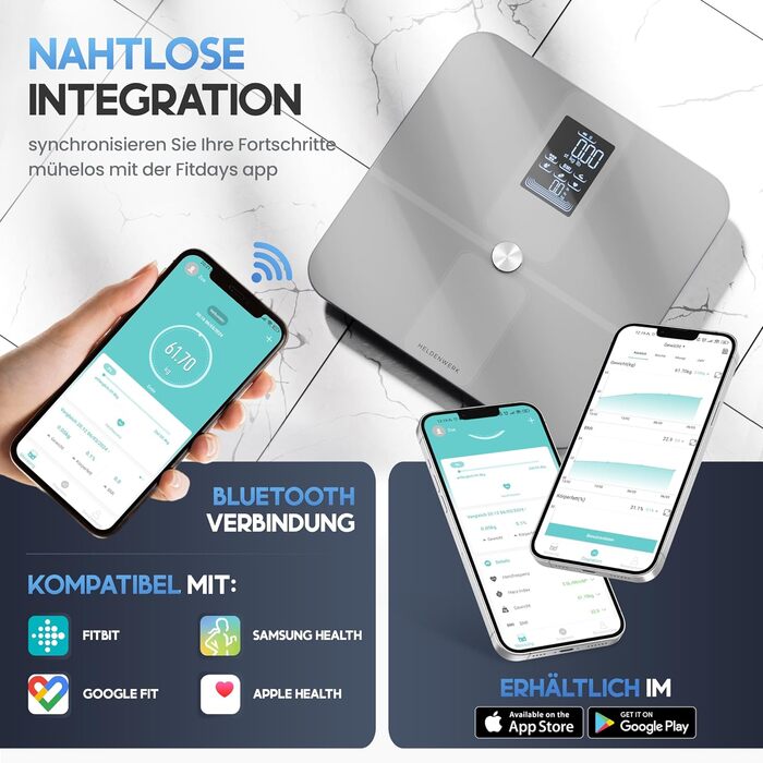 Цифрова вага для аналізу складу тіла HELDENWERK з Bluetooth, додатком, повноцінним сенсором, до 180 кг, визначення жиру, ІМТ, м'язової маси, білка, BMR, біла (дизайн Elegance)