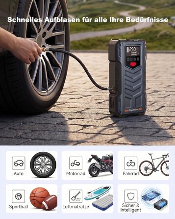 Пусковий пристрій (бустер) Starthilfe 8000A з компресором 150 PSI, 9-в-1: Jump Starter 12V для бензинових та дизельних авто (до 14л), електричний насос та Powerbank з швидкою зарядкою 30W