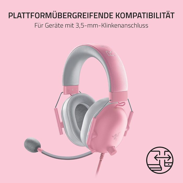 Ігрова гарнітура Razer BlackShark V2 X Quartz Pink — дротова навушники для кіберспорту, 7.1 Surround Sound, мікрофон Hyperclear, 50мм драйвери Triforce, рожева