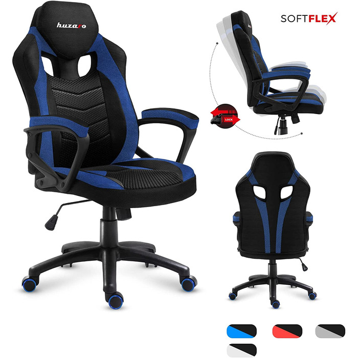 Геймерське крісло Huzaro Force 2.5 Blue Mesh, ергономічне, тканинне, чорне-синє, для комп'ютера, офісу, з регулюванням висоти та гойдалкою, навантаження до 140 кг