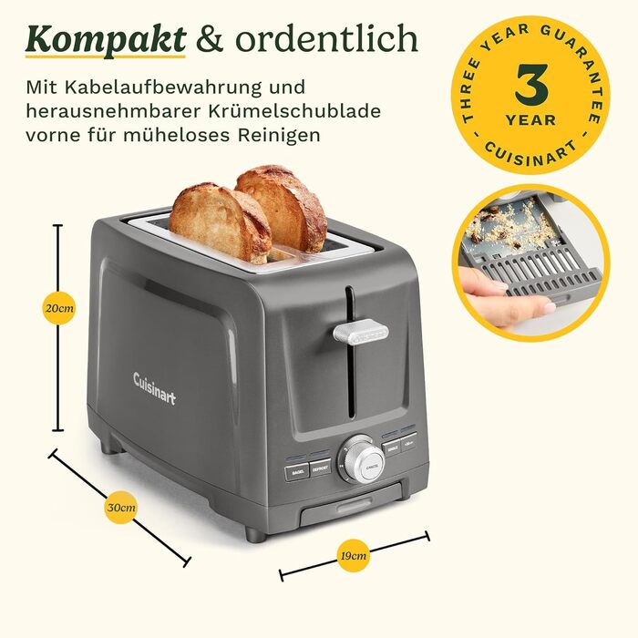 Тостер Cuisinart Core Collection для хліба та багетів сірий - 2 відділення, функція підняття, розморожування