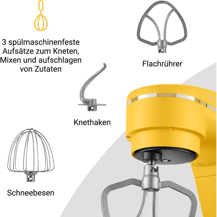 Кухонний комбайн KLAMER 1800W: планетарний міксер для тіста з чашею з нержавіючої сталі 6л, 10 швидкостей, таймером та набором насадок (Premium Yellow)