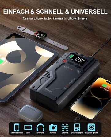 Powerbank з компресором Starthilfe 6500A: автостартер 12V для легкових автомобілів з повітряним насосом, бустер-акумулятор (для 9.0L бензину/8.5L дизеля) з пусковими кабелями, LED ліхтар 500 люмен (чорний), піковий струм 6500A