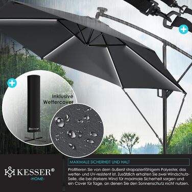 Сонячна алюмінієва парасолька KESSER 350 см з LED підсвіткою, дистанційним керуванням, водовідштовхувальна, UV-захист, з основою, для саду, антрацит