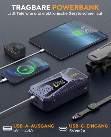 Пусковий пристрій (бустер) 8000A з компресором 160 PSI, Powerbank 12V для бензинових та дизельних двигунів до 12.0L, портативний стартер з LED-ліхтарем 600LM та кабелями