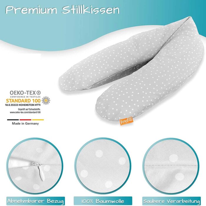 Подушка для годування Joyfill® Premium Stillkissen з мікроперлин, 170 см - ідеальна для сну та годування. Зручна та тиха завдяки наповнювачу з мікроперлин. Бічна подушка для годування, 100% Made in Germany. Сірий колір, в горошок.