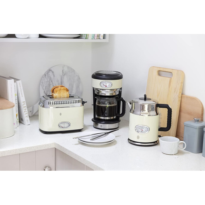 Тостер Russell Hobbs Retro 21680-56 нержавіюча сталь, 2 відділення, кремовий. З підставкою для булочок, 6 режимів, розморожування та підігрів, 1300 Вт