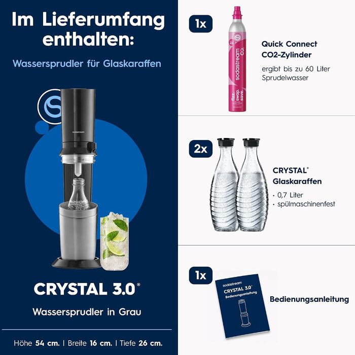 Сифон для газування води SodaStream CRYSTAL 3.0, 2 скляні карафани по 0,7л та балон CO2 з системою Quick Connect