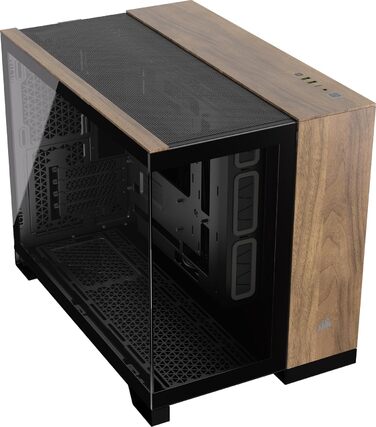 Корпус для ПК CORSAIR 2500X mATX, подвійна камера, загартоване панорамне скло, сумісний з реверсивним підключенням материнської плати, без вентиляторів, чорний/горіх