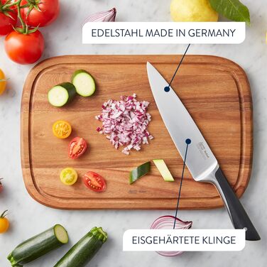 Набір кухонних ножів Jamie Oliver від Tefal з підставкою, 6 предметів: кухонний, сантоку, для хліба, універсальний та ніж для чищення, сталь з криозагартуванням, блок з акації, коричневий, K267S556