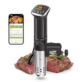 Су-від занурювальний циркулятор KitchenBoss: WiFi, точний контроль температури, керування через додаток, 1100W, діапазон 40-90°C, IPX7, TFT дисплей, тиха робота, карбонове волокно, чорний