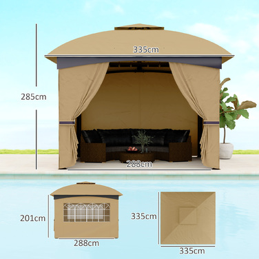 Outsunny Альтанка приблизно 3,4x3,4 м водовідштовхувальна Садова альтанка з 4 бічними панелями, подвійним дахом, намет для вечірок із захистом від ультрафіолету Садовий намет з оцинкованим металевим каркасом, для саду бежевий