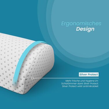 Подушка для шиї Bestlivings з піни Memory Foam (30x35x9 см) з антимікробним чохлом Silver Protect, Öko-Tex, напівциліндр 42x20 см