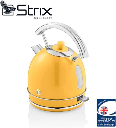 Електрочайник Swan Retro 1,8 л, вінтажний дизайн, автоматичне вимкнення, Strix контролер, бездротовий, BPA-free нержавіюча сталь, 2200Вт, жовтий