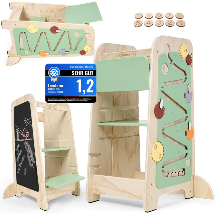 Дерев'яний навчальний столик-лесенка EXPLORER Kids® Montessori 5-в-1 | Регульована висота, захист від падіння, захист від перекидання | Розвиває моторику, цифри та форми | Білий та салатовий кольори | Для дітей від 1 року