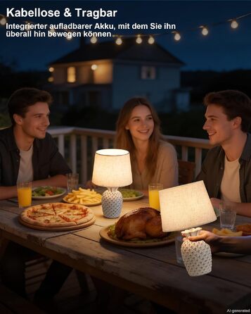 Бездротова керамічна настільна лампа на акумуляторі з пультом керування, бежевий лляний абажур та біла керамічна основа, 35 см