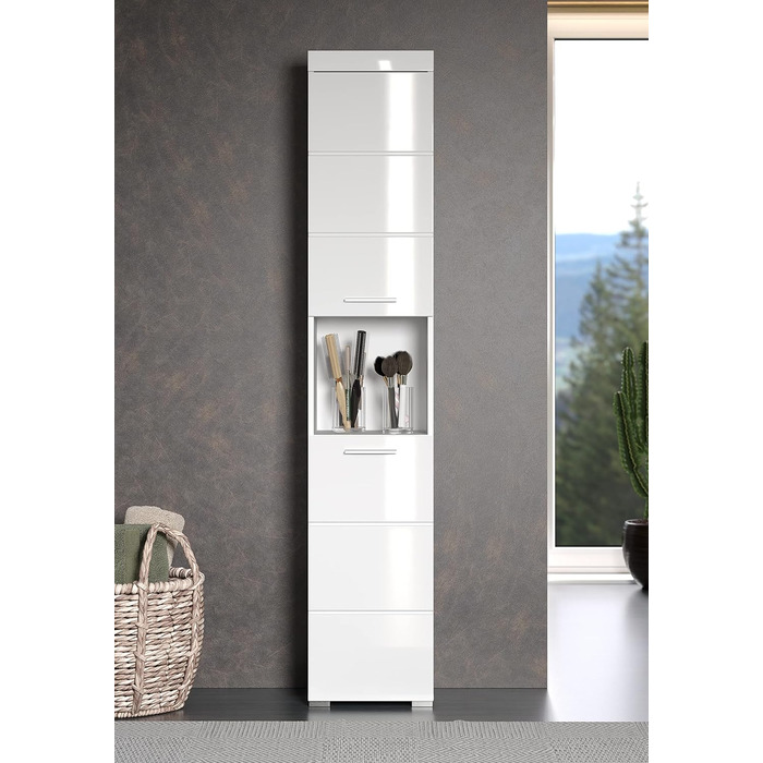 Висока шафа для ванної trendteam Amanda, білий глянцевий, 37x190x31 см, сучасний дизайн