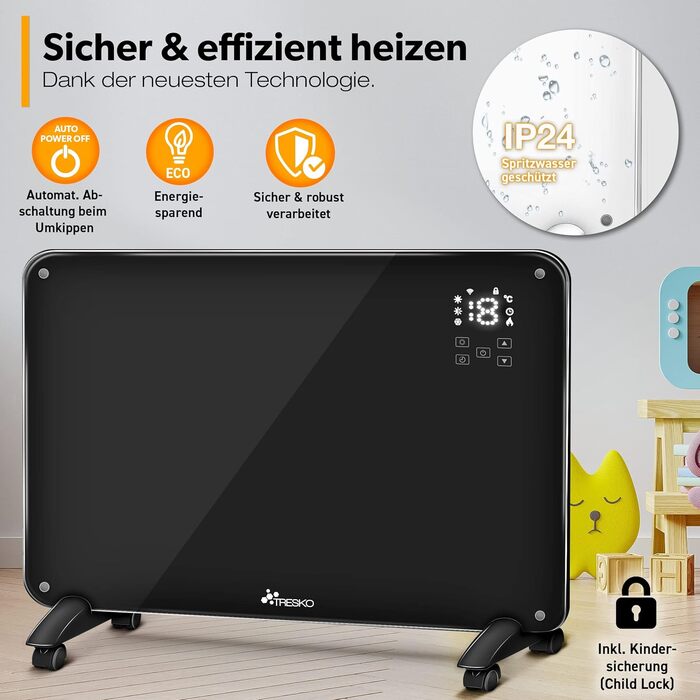 Електричний скляний конвектор TRESKO 2000Вт з WiFi, сенсорним керуванням і LCD-дисплеєм, настінний або підлоговий, чорний