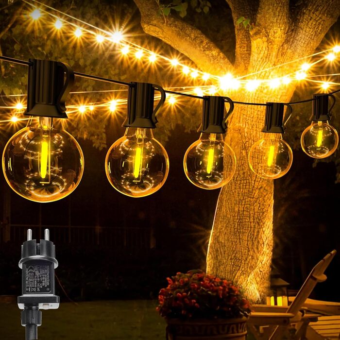 LED гірлянда зовнішня 10м, диммер, таймер, G40, теплий білий, IP44, для саду, балкона, вечірки