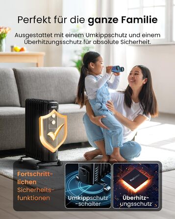 Електричний масляний радіатор Pro Breeze 2500W з 11 ребрами, таймер 24 год, 3 режими, термостат, захист від перегріву - чорний